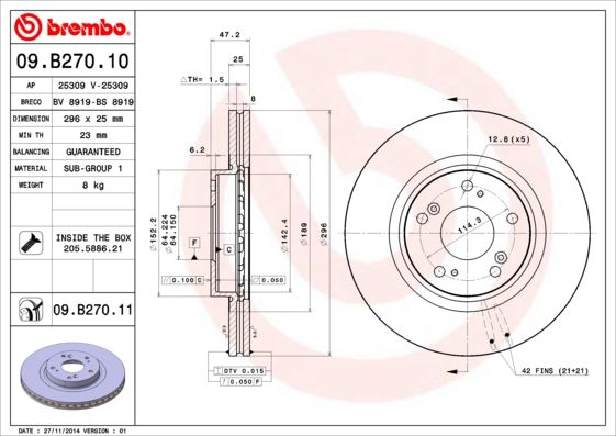 Тормозной диск BREMBO 09B27011