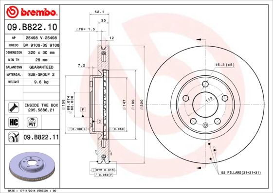 Тормозной диск BREMBO 09B82211