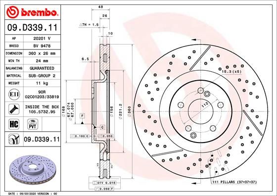 Тормозной диск BREMBO 09D33911