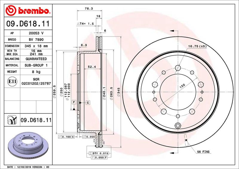 Тормозной диск BREMBO 09D61811