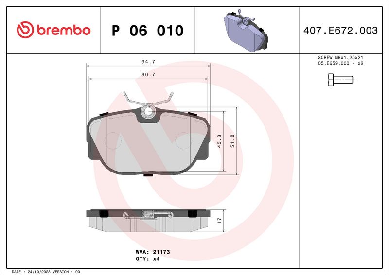 Комплект тормозных колодок, дисковый тормоз BREMBO P06010