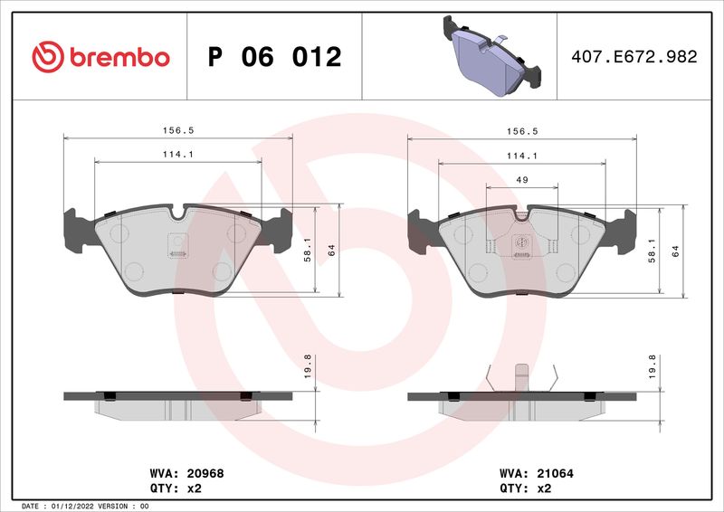 Комплект тормозных колодок, дисковый тормоз BREMBO P06012