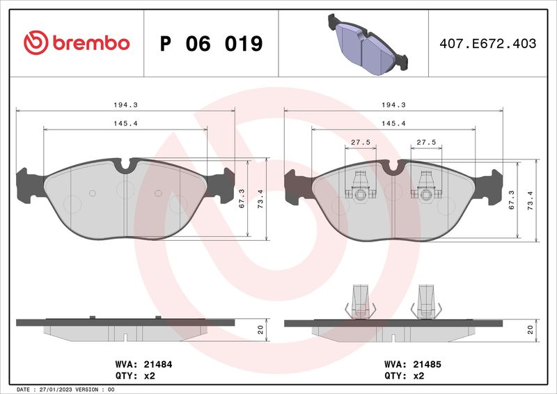 Комплект тормозных колодок, дисковый тормоз BREMBO P06019
