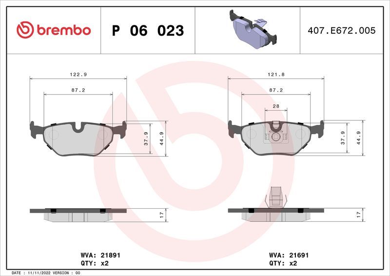 Комплект тормозных колодок, дисковый тормоз BREMBO P06023