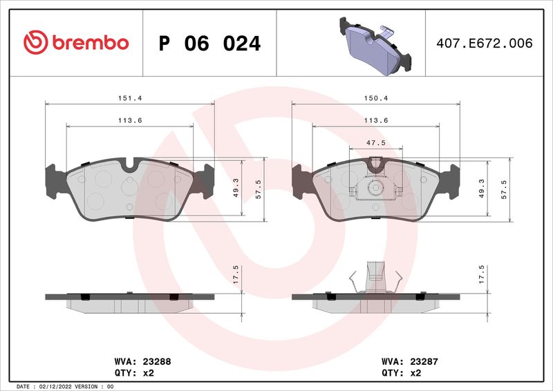 Комплект тормозных колодок, дисковый тормоз BREMBO P06024