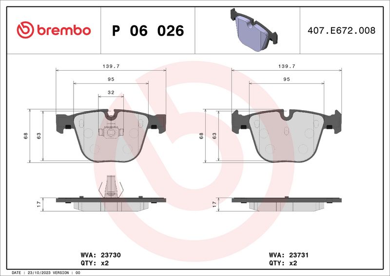 Комплект тормозных колодок, дисковый тормоз BREMBO P06026