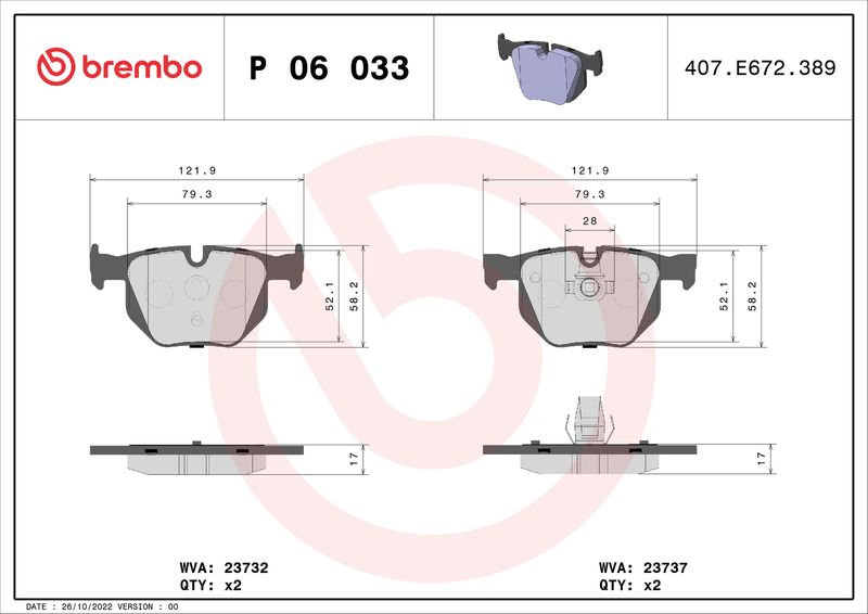 Комплект тормозных колодок, дисковый тормоз BREMBO P06033