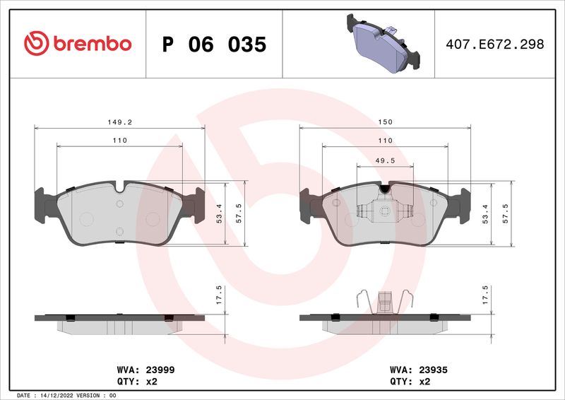 Комплект тормозных колодок, дисковый тормоз BREMBO P06035