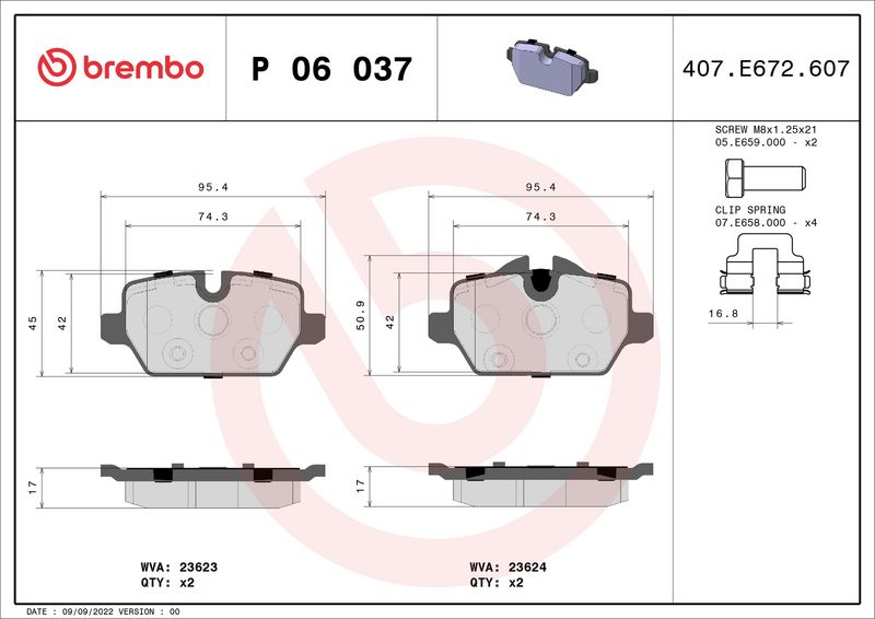 Комплект тормозных колодок, дисковый тормоз BREMBO P06037