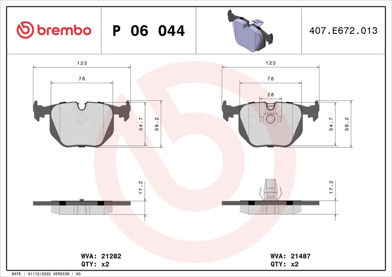 Комплект тормозных колодок, дисковый тормоз BREMBO P06044
