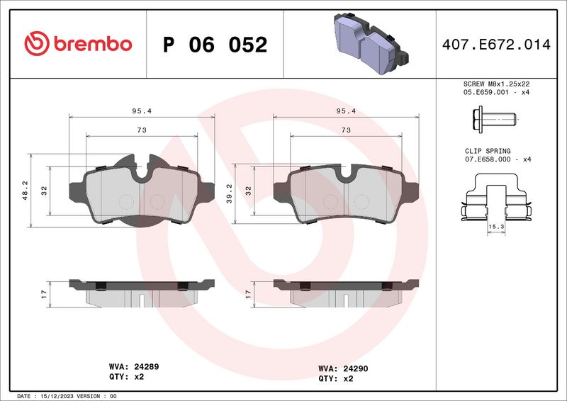 Комплект тормозных колодок, дисковый тормоз BREMBO P06052