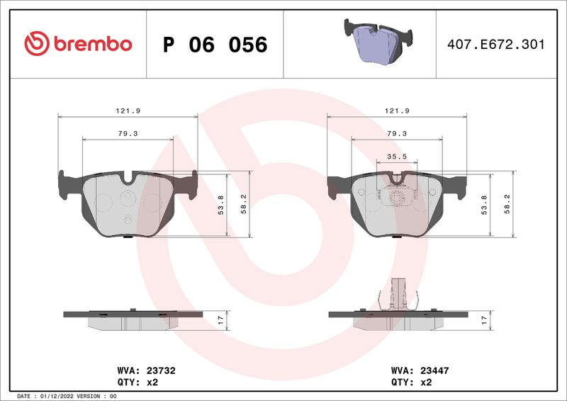 Комплект тормозных колодок, дисковый тормоз BREMBO P06056