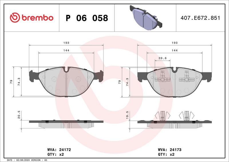 Комплект тормозных колодок, дисковый тормоз BREMBO P06058
