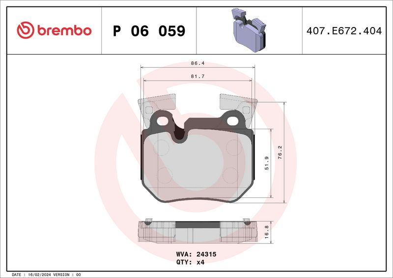 Комплект тормозных колодок, дисковый тормоз BREMBO P06059