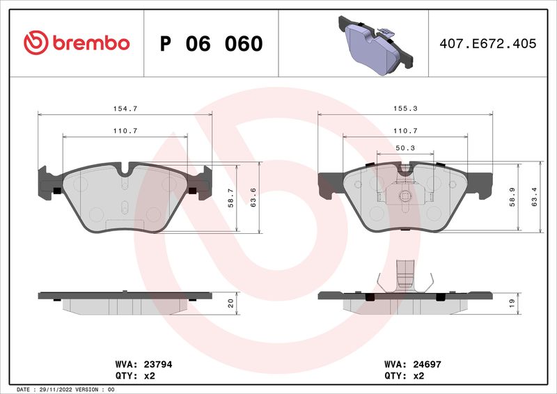 Комплект тормозных колодок, дисковый тормоз BREMBO P06060