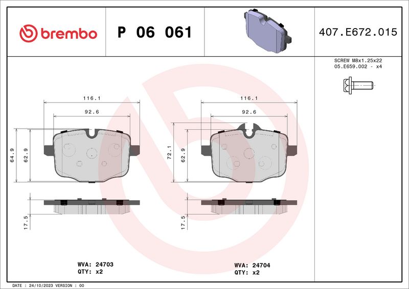 Комплект тормозных колодок, дисковый тормоз BREMBO P06061