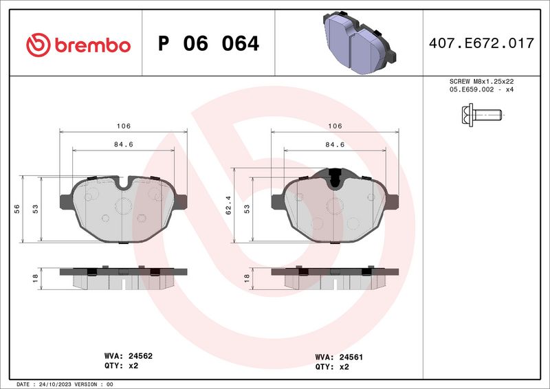Комплект тормозных колодок, дисковый тормоз BREMBO P06064