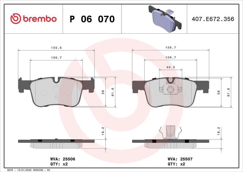 Комплект тормозных колодок, дисковый тормоз BREMBO P06070