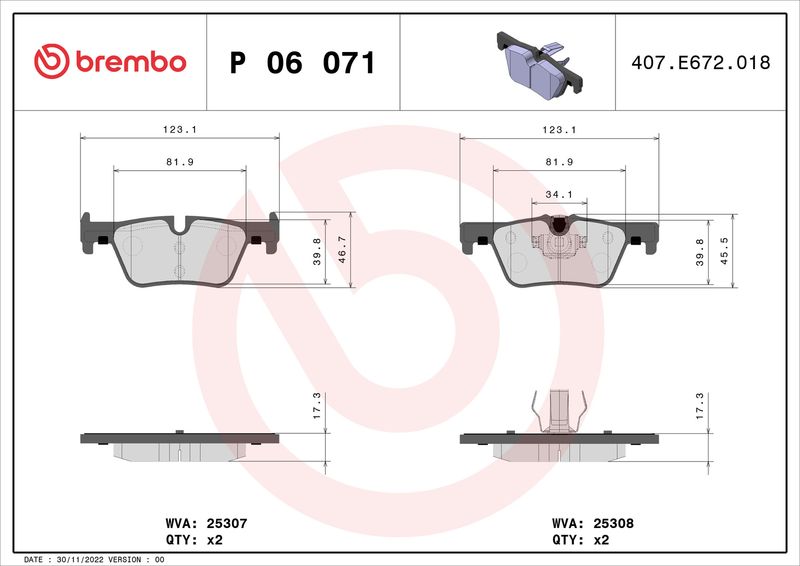 Комплект тормозных колодок, дисковый тормоз BREMBO P06071