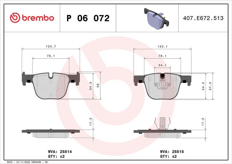 Комплект тормозных колодок, дисковый тормоз BREMBO P06072