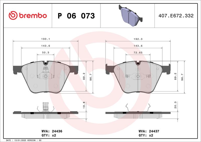 Комплект тормозных колодок, дисковый тормоз BREMBO P06073