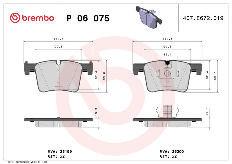 Комплект тормозных колодок, дисковый тормоз BREMBO P06075