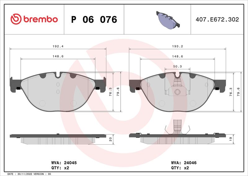 Комплект тормозных колодок, дисковый тормоз BREMBO P06076