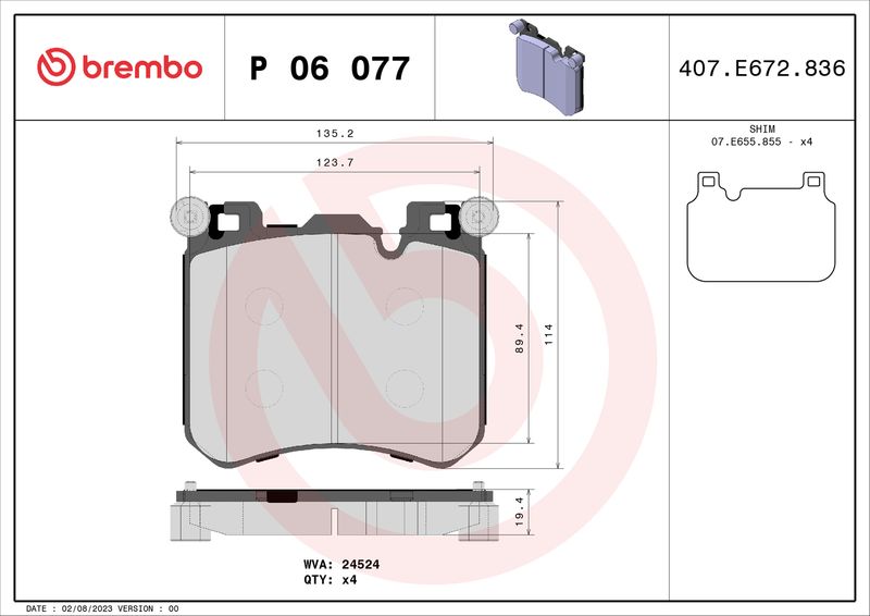 Комплект тормозных колодок, дисковый тормоз BREMBO P06077