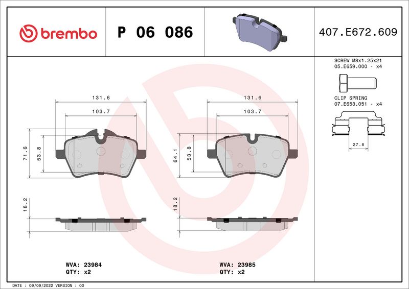 Комплект тормозных колодок, дисковый тормоз BREMBO P06086