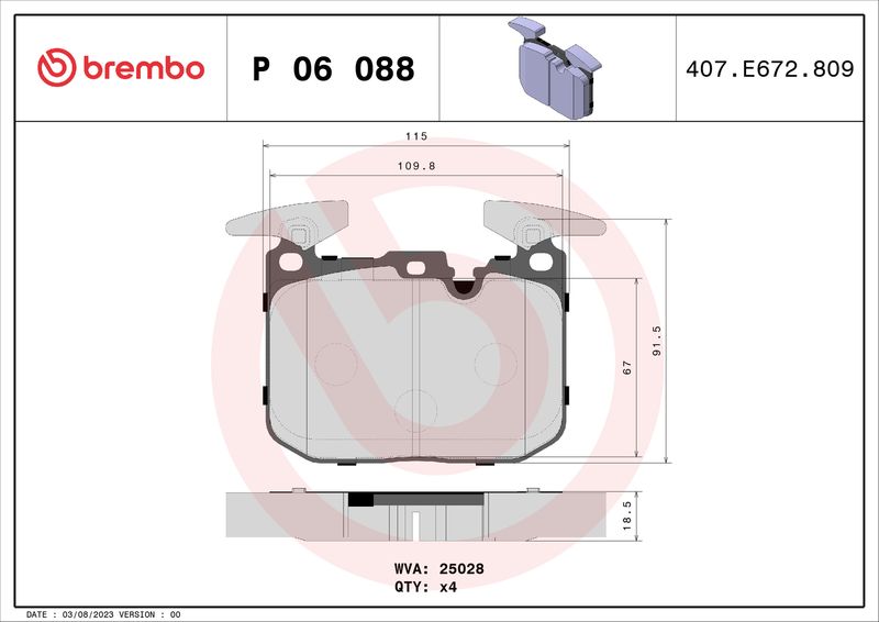 Комплект тормозных колодок, дисковый тормоз BREMBO P06088X