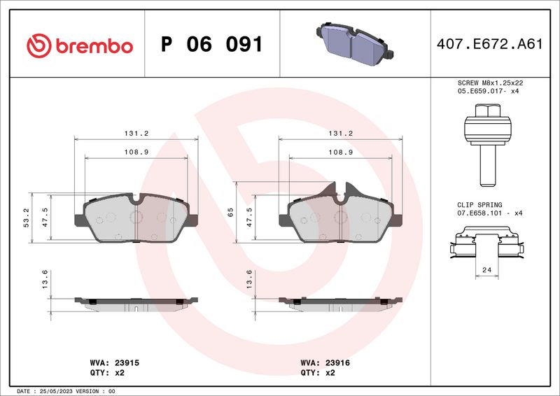 Комплект тормозных колодок, дисковый тормоз BREMBO P06091