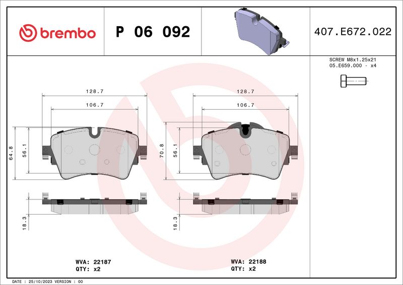 Комплект тормозных колодок, дисковый тормоз BREMBO P06092