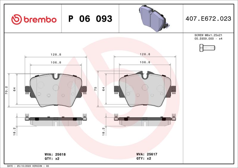 Комплект тормозных колодок, дисковый тормоз BREMBO P06093