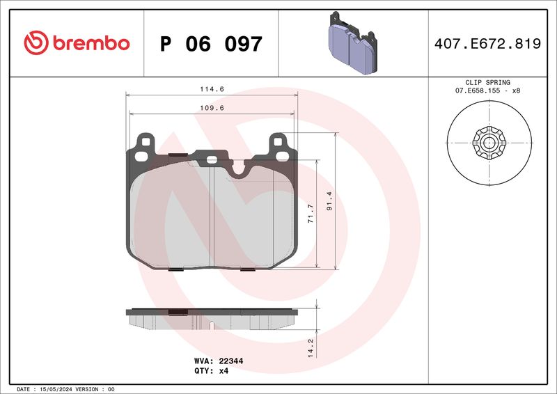 Комплект тормозных колодок, дисковый тормоз BREMBO P06097
