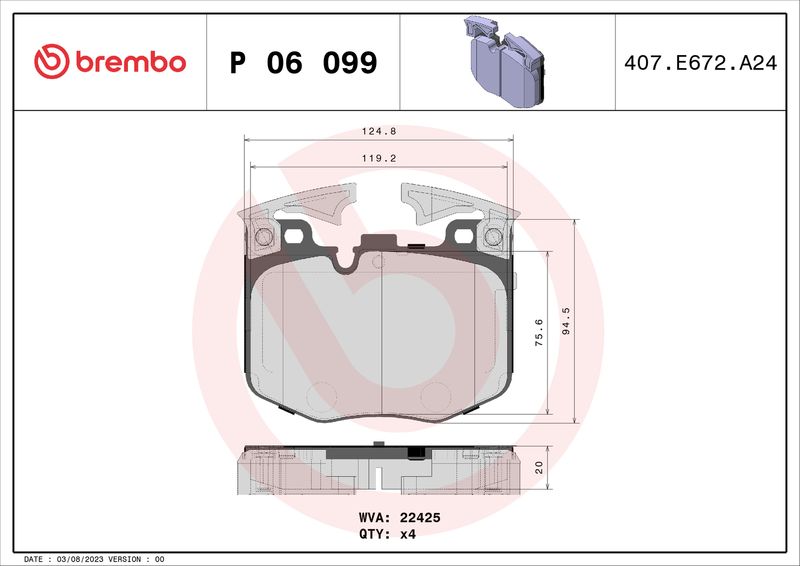Комплект тормозных колодок, дисковый тормоз BREMBO P06099