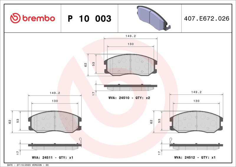 Комплект тормозных колодок, дисковый тормоз BREMBO P10003