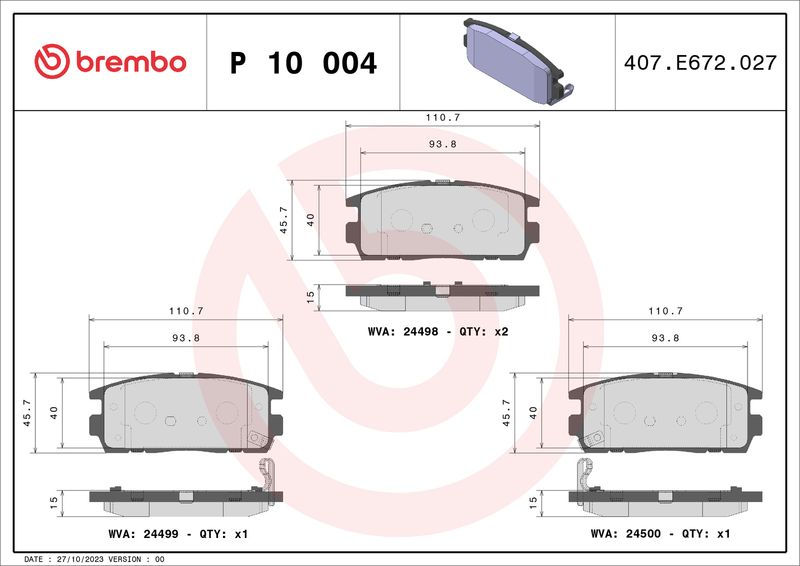 Комплект тормозных колодок, дисковый тормоз BREMBO P10004