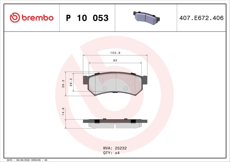 Комплект тормозных колодок, дисковый тормоз BREMBO P10053