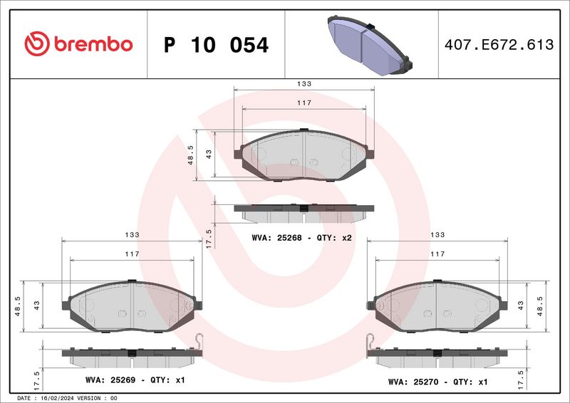 Комплект тормозных колодок, дисковый тормоз BREMBO P10054