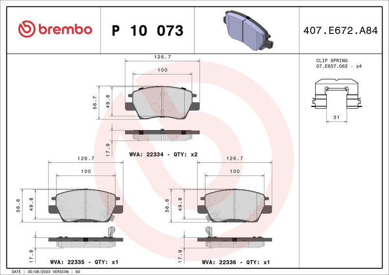 Комплект тормозных колодок, дисковый тормоз BREMBO P10073
