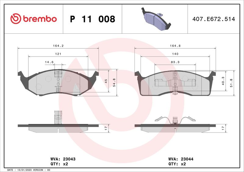 Комплект тормозных колодок, дисковый тормоз BREMBO P11008
