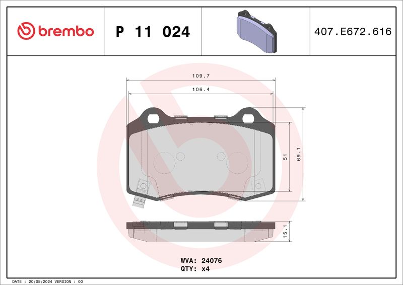 Комплект тормозных колодок, дисковый тормоз BREMBO P11024