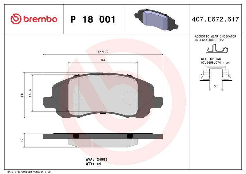 Комплект тормозных колодок, дисковый тормоз BREMBO P18001