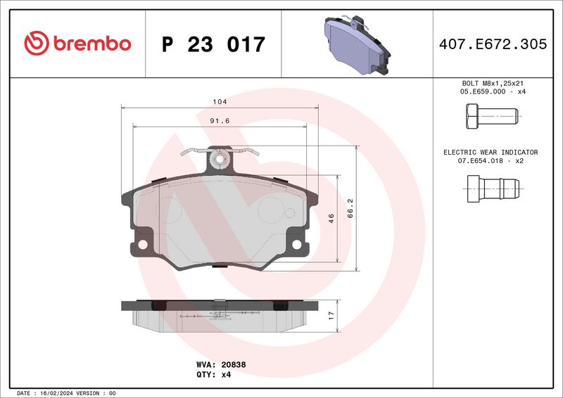 Комплект тормозных колодок, дисковый тормоз BREMBO P23017