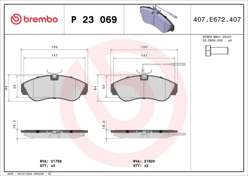 Комплект тормозных колодок, дисковый тормоз BREMBO P23069