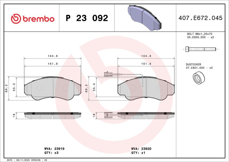 Комплект тормозных колодок, дисковый тормоз BREMBO P23092