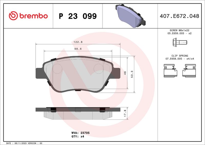 Комплект тормозных колодок, дисковый тормоз BREMBO P23099
