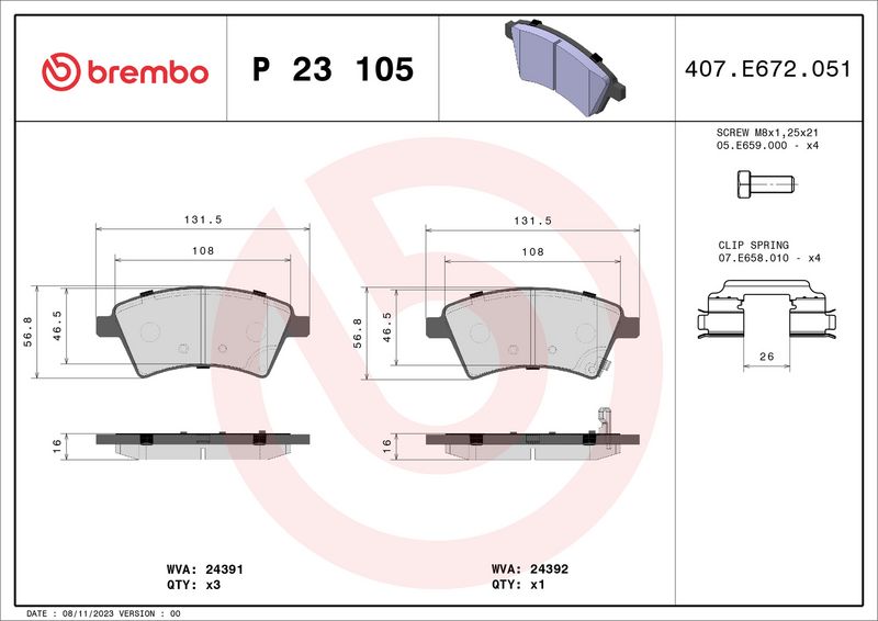Комплект тормозных колодок, дисковый тормоз BREMBO P23105