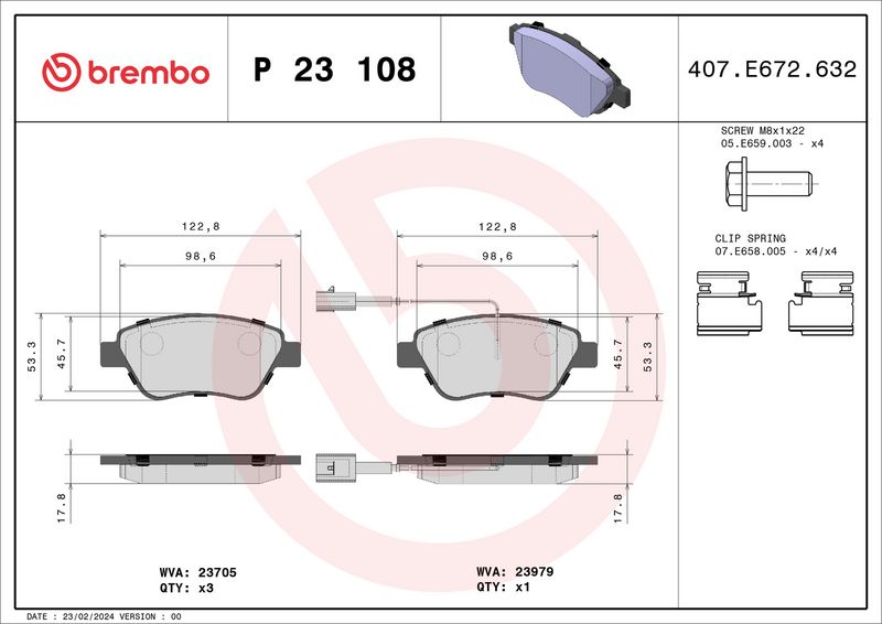 Комплект тормозных колодок, дисковый тормоз BREMBO P23108