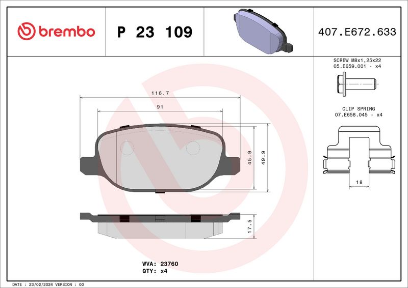 Комплект тормозных колодок, дисковый тормоз BREMBO P23109